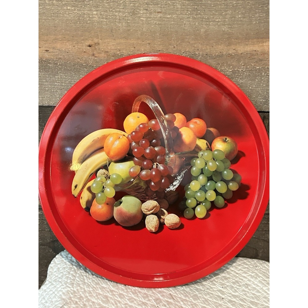 Vintage Red Round Serving Tray Wine‎ Fruit Cheese Design metal MCM Britain